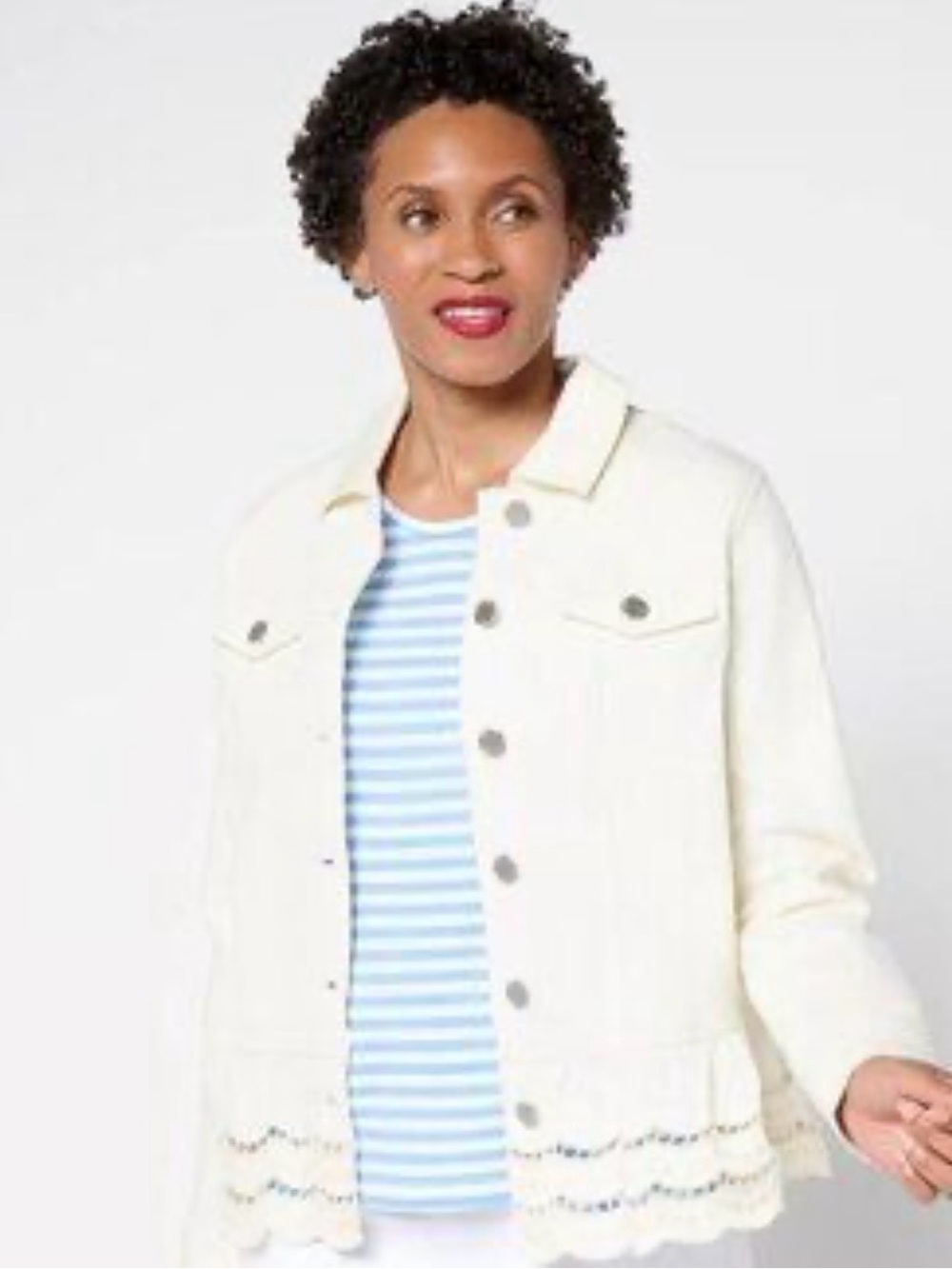 Susan Graver Cream Denim Jacket with Scalloped Lace Trim